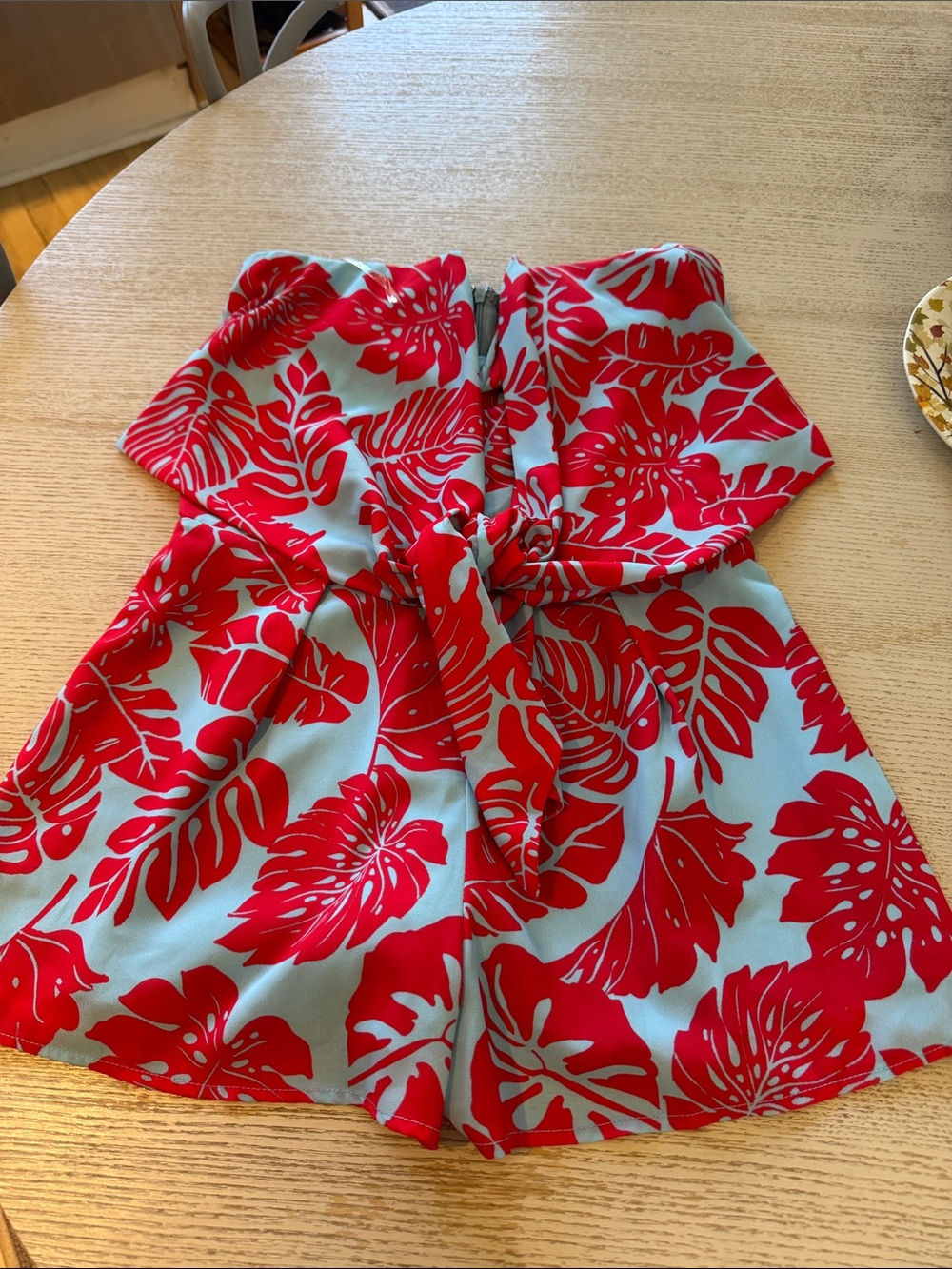 Buddy Love Red Tropical Print Strapless Skort on Light Blue